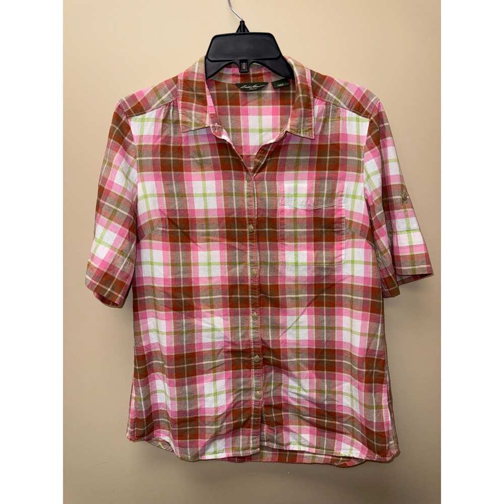 Eddie Bauer Womens Medium Plaid Short Sleeve Button Down Shirt Pink Brown Green